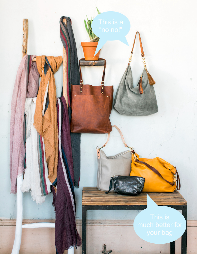 Hanging vintage and designer handbags on hooks or hangars is bad for the lifespan of your bag. Instead place it on a flat surface